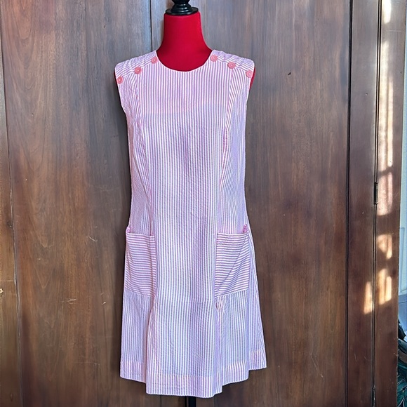 60s 70s Seersucker Candystripe Shift Dress M - Picture 9 of 9